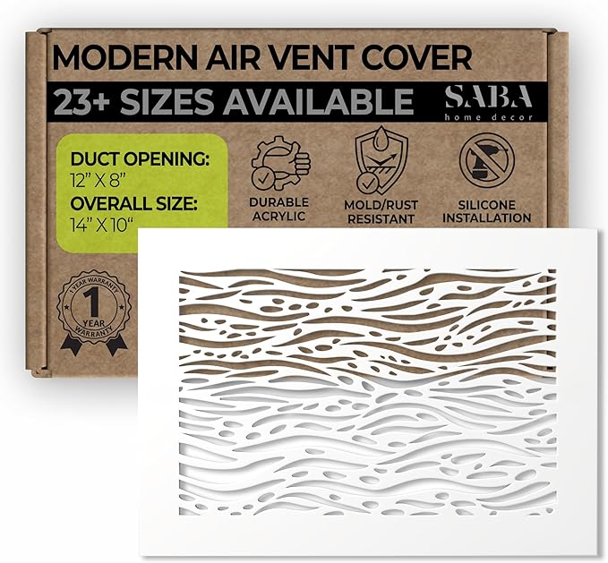 SABA Home Decor White Air Vent Cover - Acrylic Plexiglass 8" x 12" Duct Opening (10" x 14" Overall) Grille Covers for Walls & Ceilings NOT for Floor USE, Waves (8" x 12", Silicone Installation)