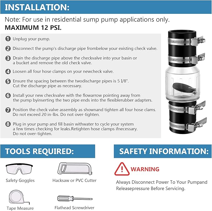 Sump Pump Check Valve 1-1/2", Check Valves Spring Loaded Flapper for Backflow Prevention, Silent Check Valve with 4 Stainless Steel Clamps, Sump Pump Life Expectancy Increase, Fit 1-1/2" Pipe