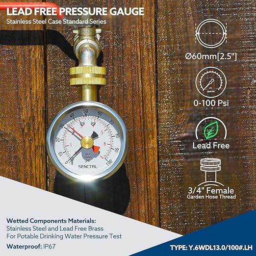 SENCTRL 0-100 psi Water Pressure Gauge Test with Lazy Hand, Lead-Free, 2-1/2" Dial Size, 3/4" Female Garden Hose Thread, IP67 Waterproof, Stainless Steel Case, for Home Potable Water, House Tube