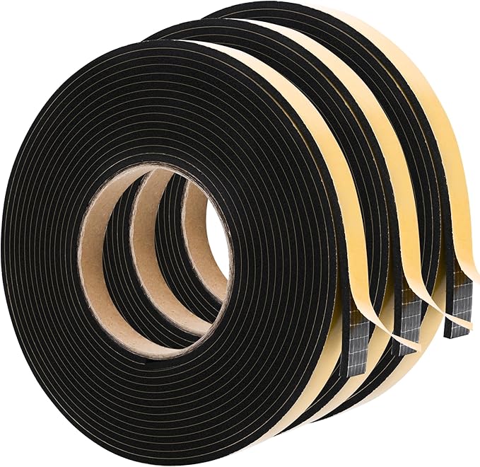 ToLanbbt Black Door Window Weather Stripping Self Adhesive Foam Tape High Density Foam Sealing Strip Window Insulation Weatherproof Gasket Tape 1/2" Wide X 1/8" Thick, 19.7 Ft X 3 Rolls, Total 59 Feet