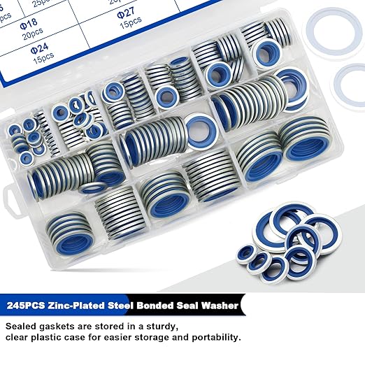 245PCS Metric Bonded Seal Dowty Washer, NBR Zinc-Plated Automotive Self-Centred Seal Rubber Washers, Gasket Seal Crush O-Ring Assortment Kit Set, Includes Sizes of M6-M30