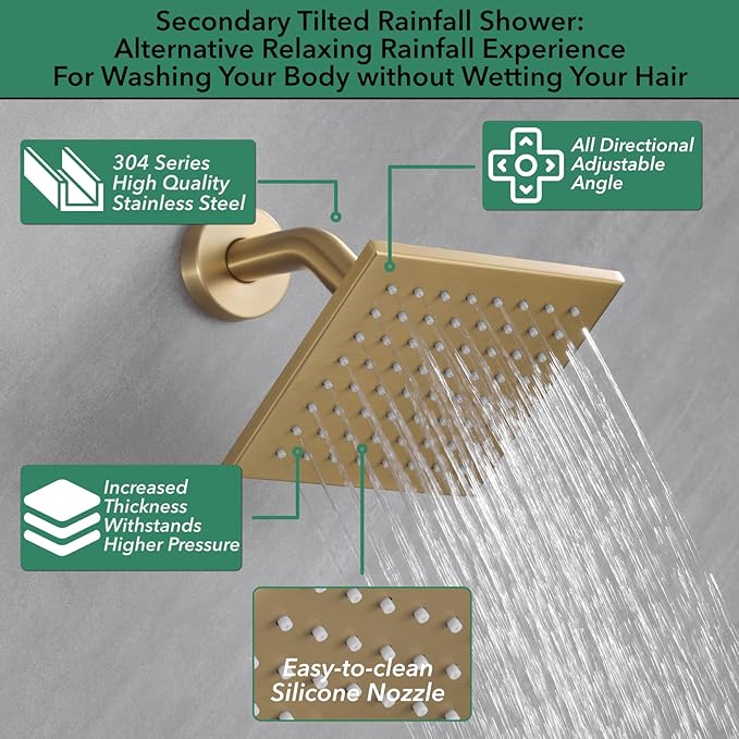 VANFOXLE Shower Faucet Set Brushed Gold Shower System,Shower Faucet with 2 in 1 Handheld,Ceiling Mount 16 Inch Shower Head+6 Inch Shower Head(Rough-in Valve Body and Trim)