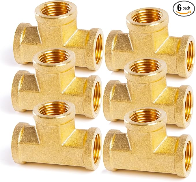 ChillWaves Brass Pipe Fitting, Tee 1/4" x 1/4" x 1/4" NPT Female Thread Adapter(6-PACK)