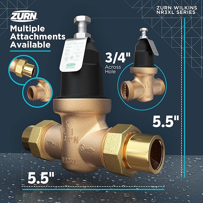 Zurn Wilkins 34-NR3XLDUPEX 3/4" NR3XL Pressure Reducing Valve with Double Union PEX Crimp Tailpiece Connection
