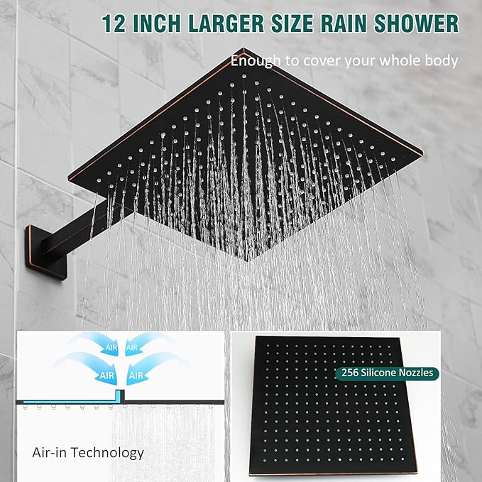 Hoimpro 12 Inch Shower Rain Head Shower System Faucet Set 2 in 1 Handheld Showerhead Wall Mounted, Rainfall Showert Head Fixture Combo, Oil Rubber Bronze