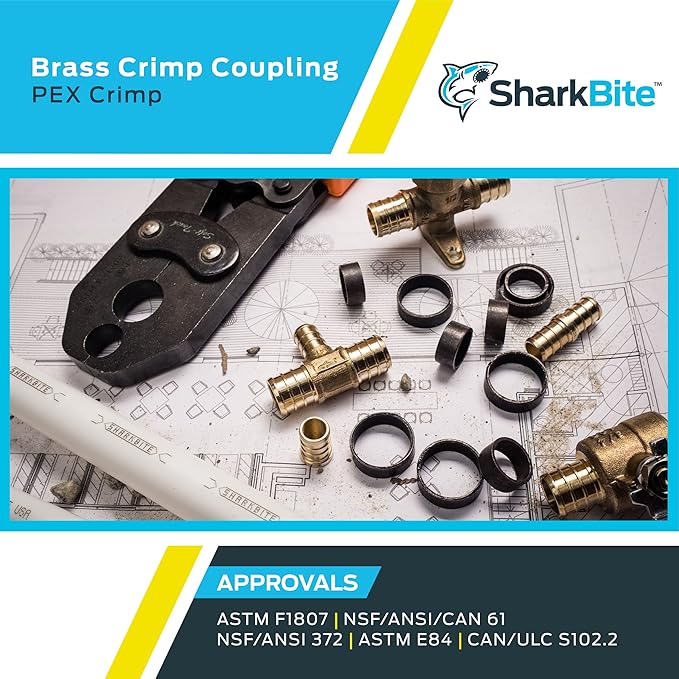 SharkBite 3/4 Inch Crimp Coupling, Pack of 25, Brass Plumbing Fitting, PEX Pipe, PE-RT, UC016LF