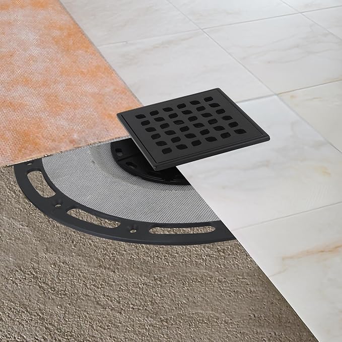 Square Shower Drain, 4-Inch Matte Black Kit with Bonding Flange, Removable Stainless Steel Grate & Hair Strainer, Fits 2" & 3" Pipes for Tiled Floors