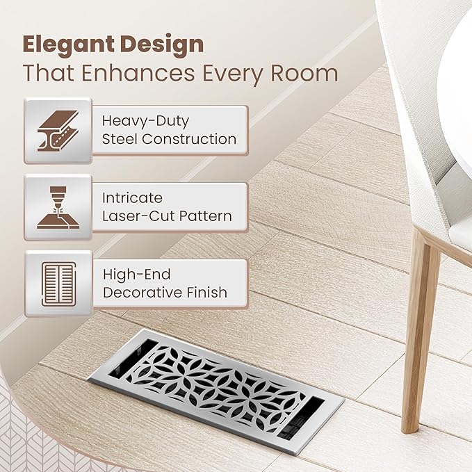 Floor Register 4x10 Vent Cover – Heavy-Duty Steel, Rustproof & Walkable Grates, Easy Drop-in Install, Adjustable Air Supply Switch - Decorative Floral Design, Brushed Nickel
