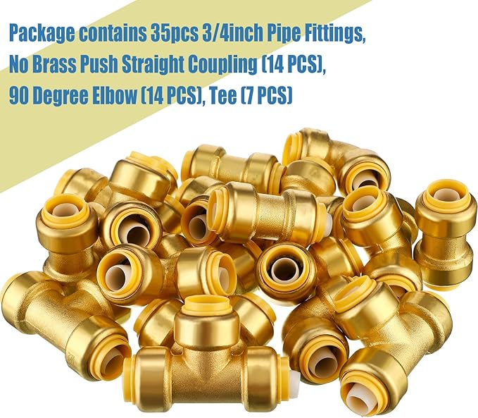 35 Pieces 1/2 Inch Push to Connect Brass Plumbing Fittings Include 14 Straight Coupling 14 Pcs 90 Degree Elbow Plumbing Connectors and 7 Tee Push Fit Fitting Bulk for Copper PEX CPVC Pipe Connect