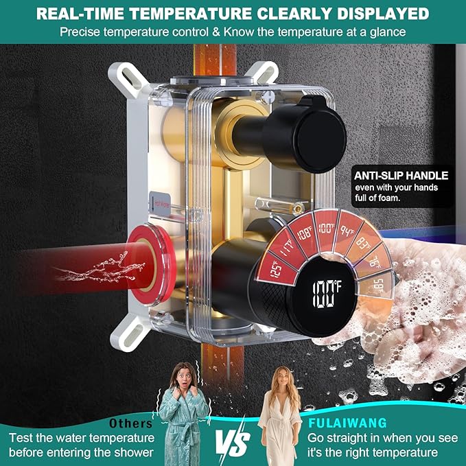 2 Way Shower Mixer Valve Temperature Display with Trim Kit, Digital Shower Diverter Mixing Brass Valve Body for Shower Faucets, Black