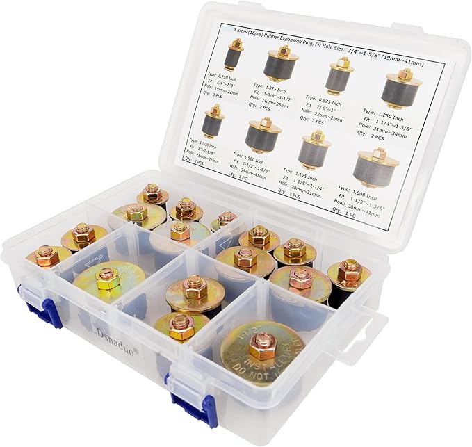 16pcs 7 Sizes Automotive Expandable Freeze Plugs Kit,Rubber Expansion Plug, Fit Hole Size:3/4" 7/8" 1" 1-1/8" 1-1/4" 1-3/8" 1-1/2" (19mm~41mm)