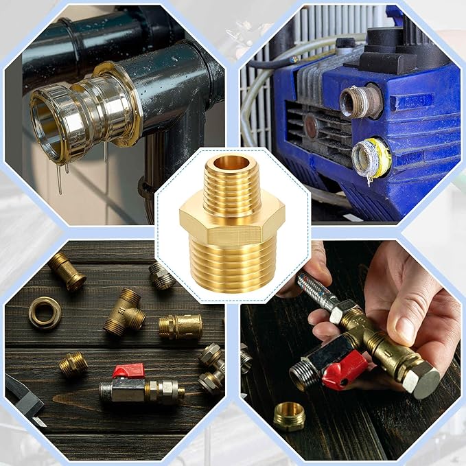 2 Pack Brass Pipe Fittings, 1/2" NPT Male to 1/4" NPT Male Brass Hex Nipple, Male Pipe Adapter Reducer for Air, Oil, LP