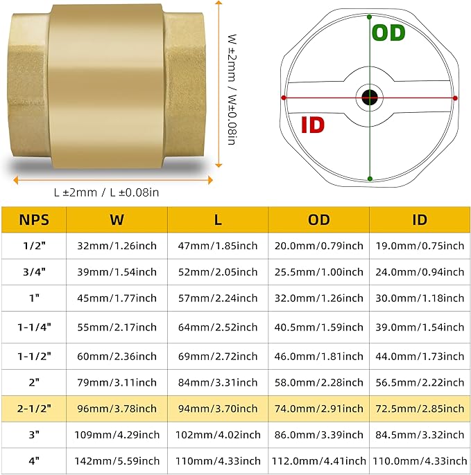 2-1/2" NPT Brass Vertical Check Valve, NPT Thread Vertical Lead-Free In-Line Spring Check Valve, Non Return One Way Counterflow Valve to Prevent the Medium Backflow for Oil Water Gas Air DN65