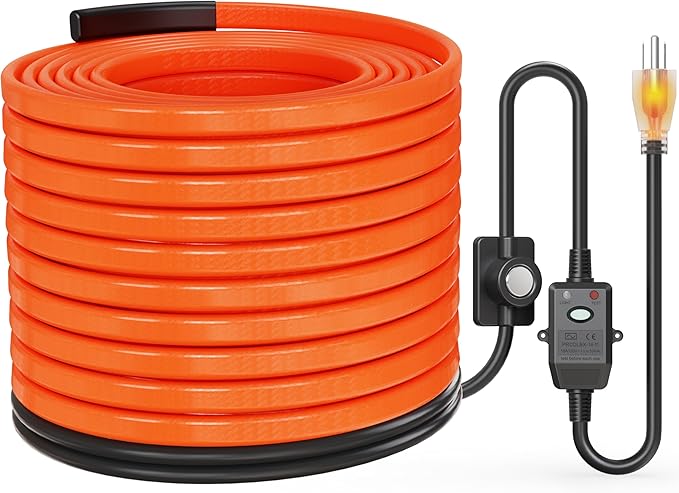 Heat Tape for Water Pipes with Thermostat & GFCI, Energy-Saving Pipe Heating Cable, Prevents Freezing, Works at -22℉, 100FT Orange, UL ETL Listed 120V