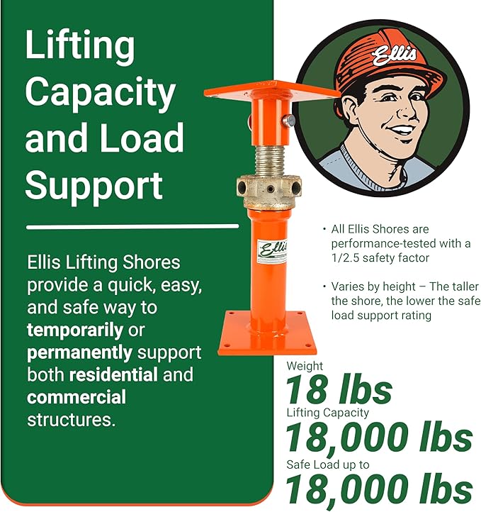 Ellis Manufacturing Light-Duty Steel Lifting Shore – Adjustable Foundation Support Jack for Floor Leveling, Beams, Concrete, and Basement – 18,000 lb Safe Load Capacity – 14"-22" Adjustment