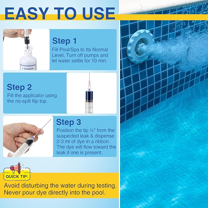 Enhon Pool Leak Detection Dye Kit, 8 oz Blue Dye with Precision Applicators, Easily Locates Leaks in All Pools, Spas, Hot Tubs, Long Lasting Formula, 40+ Refills