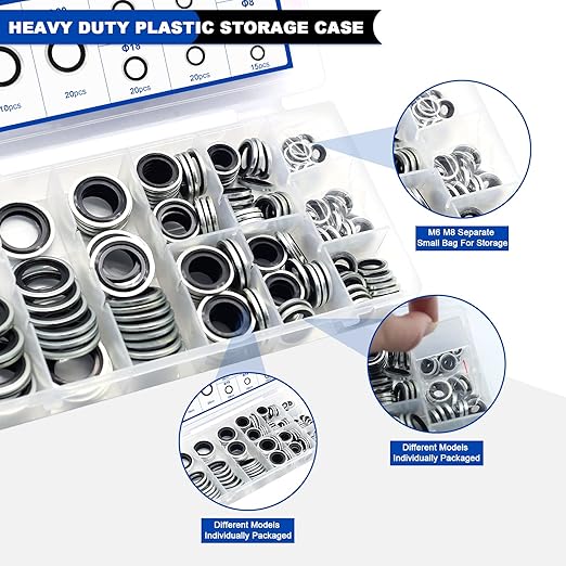 165PCS Bonded Sealing Washers, NBR Metric Zinc-Plated Steel Self-Centred Sealing Rubber Washers, Automotive Seal Gasket Crush O-Ring Assortment Kit Set M6 to M24