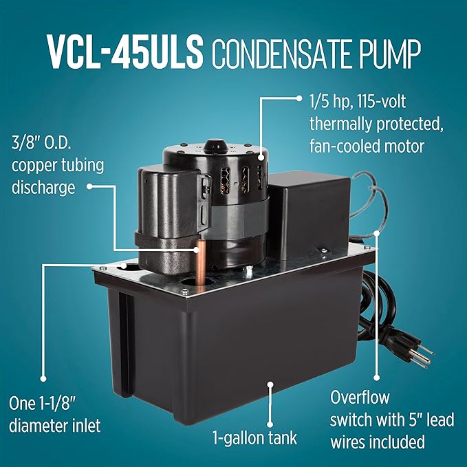 Little Giant VCL-45ULS 115 Volt, 1/5 HP, 450 GPH, Automatic Condensate Removal Pump with 1-Gallon Tank and Safety Switch, 6-Ft. Cord, Black, 553240