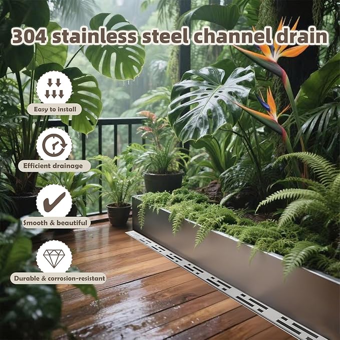 Pool Deck Drain Channel, 2.3" W x 3.3' L, 304 Stainless Steel Channel Drain Outdoor, Deck Drainage System with Coupling, Trench Drain System for Pool Decks, Patios,Walkways, Courtyards, Paver.