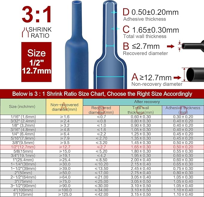 Chanzon 3:1 Ratio 1/2" (12.7mm) Heat Shrink Tubing - Marine Grade Waterproof Adhesive Lined - 4Ft Roll (1.22M Total Length) Blue Polyolefin Sleeving Wrap Shrinking 3 to 1 Ratio 1pcs