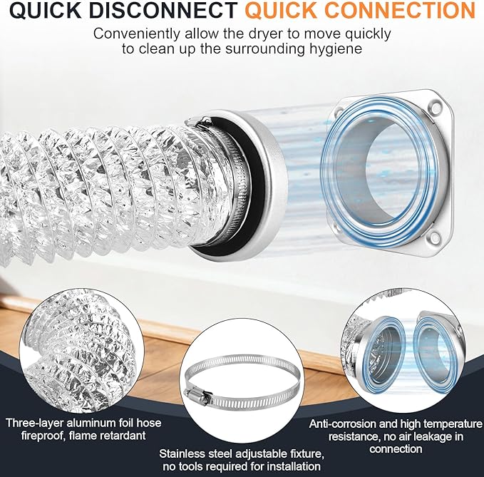 Magnetic Dryer Vent Coupling DV180 Airtight Seal Dryer Vent Connector Kit Easy to Clean Dryer Vent Hose Quick Connect Magnetic Dryer Vent Coupler Include 4"x3.3ft Aluminum Foil Duct & 2 Clamps