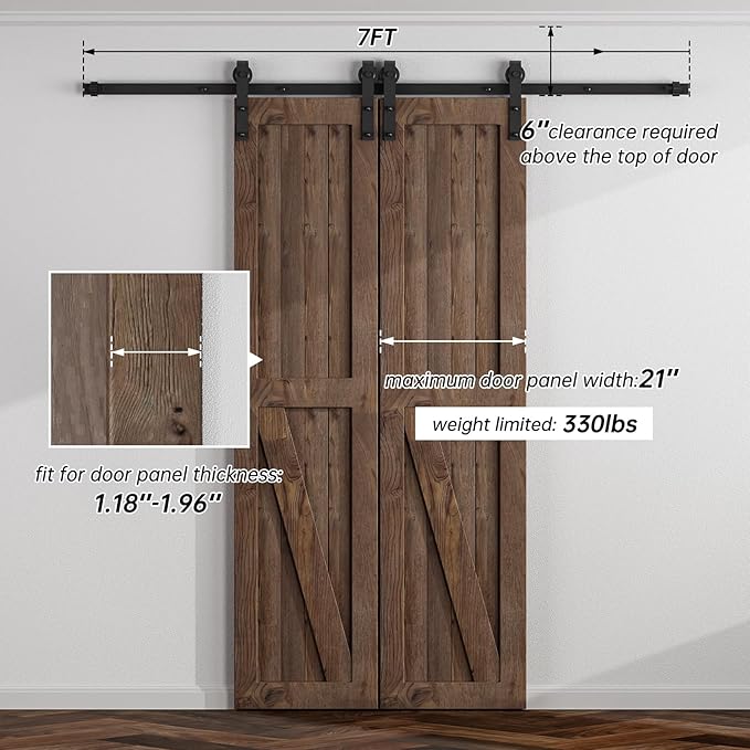 7FT Sliding Barn Door Hardware Kit for Double Door, Sliding Door Track, Easy to Install, Smoothly and Quietly, Fit 1.18-1.96" Thicknesses Fit Double 21" Wide Door (J Shape Hanger)