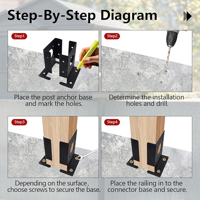 (8 Pack) 4x4 Post Bracket Heavy Duty Adjustable Wood Fence Anchor Base Brackets, for Deck Railing, Mailbox, Pergola Brackets(Black)