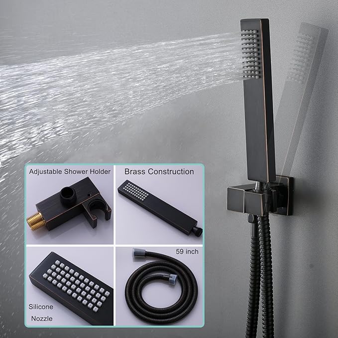 Temperature Display Rain Mixer Shower Faucet Set with 6 pcs Body Jets 12 inch Square Rainfall Shower Head with Handheld Spray Wall Mounted Rough-in Valve and Trim Included, Oil Rubbed Bronze