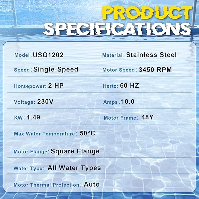 USQ1202 Pool Pump Motor 2HP, Fit for A.O. Smith/Century Pool and Spa Pump Motor, 3450 RPM, 48Y Frame, 230V, 10.4 Amps, Swimming Pool Motor