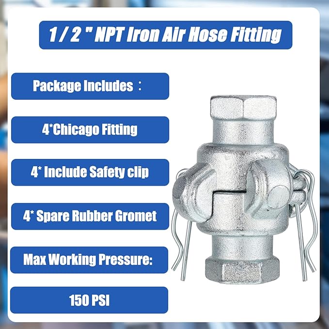 Therwen 4 Sets 1/2 inch Chicago Air Fittings NPT Iron Air Hose Fitting 2 Lug Universal Coupling for Female and Male End(Female End)