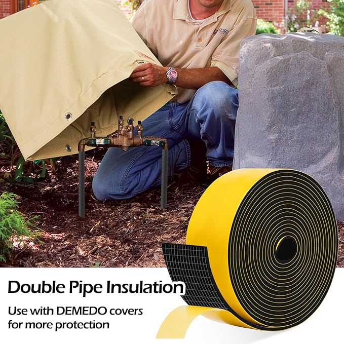 DEMEDO Pipe Insulation Tape, Pipe Wrap Insulation Foam Tape Self Adhesive, Outdoor Water Pipe Insulation Roll for HVAC, AC Line Insulation, 5 inch x 16.5 FT Heat Tape for Water Pipe, Black