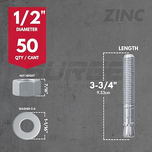1/2" x 3-3/4" Zinc-Plated Wedge Anchors for Concrete and Cement | Heavy-Duty 1/2 Concrete Anchor Bolts (Box of 50)