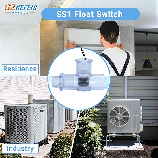 SS1 Condensate Overflow Float Switch for HVAC Systems, Upgraded Transparent Blue PVC with 3/4 Inch Adaptor and 6FT Wire