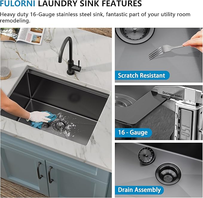 24"x18" Undermount Laundry Utility Sink Workstation – Gunmetal Black NANO-PVD, 16 Gauge 304 Stainless Steel, 12 Inch Deep Single Bowl Sink Basin for Laundry Room, RV or Utility Use