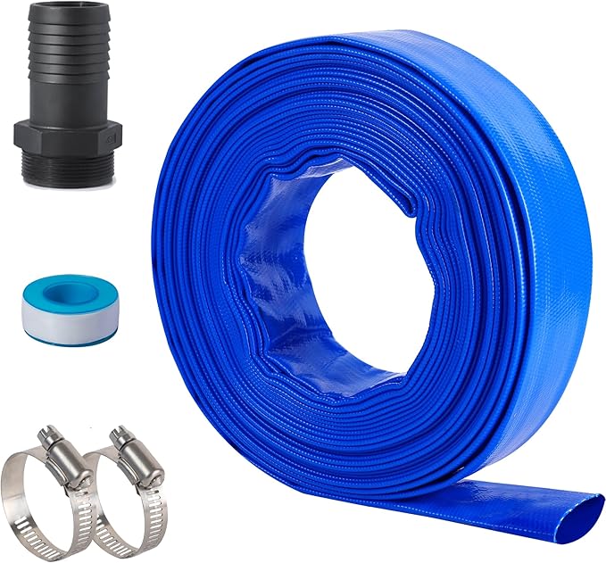 2" (Flat 3.4’’ width) x 50 FT Pool Backwash Hose Kit with Male NPT Adapter, Blue Reinforced Pool Drain Discharge Hose for Swimming Pool Filter Pump,with 2 Clamp and Thread Seal Tape