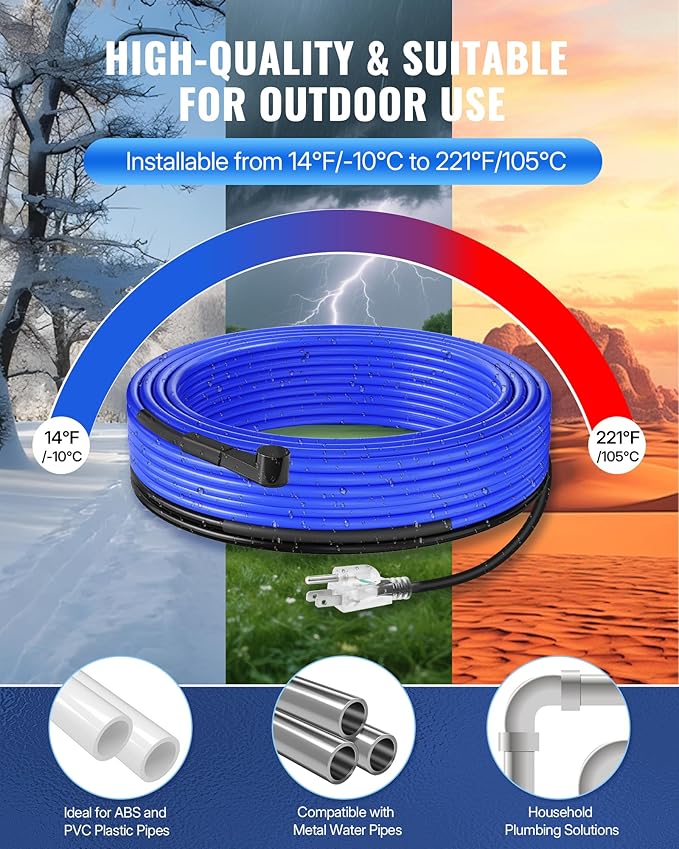 30Ft Water Pipe Heating Cable, 5W Constant Power Self-Regulating Heating Cable, 5W/FT, IPX7 Waterproof, Auto-On/Off, for Metal and Plastic Water Pipes, Freeze Protection, 120V U30HC06