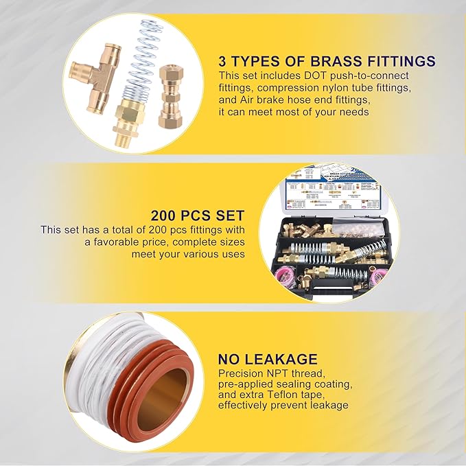 200 Pcs Brass DOT Air Brake Line Fittings & Air Nylon Tube Compression Fittings & Air Brake Hose End Fittings Assortment Kits,1/4" 1/8" 3/8" 1/2" NPT Air Hose Fittings