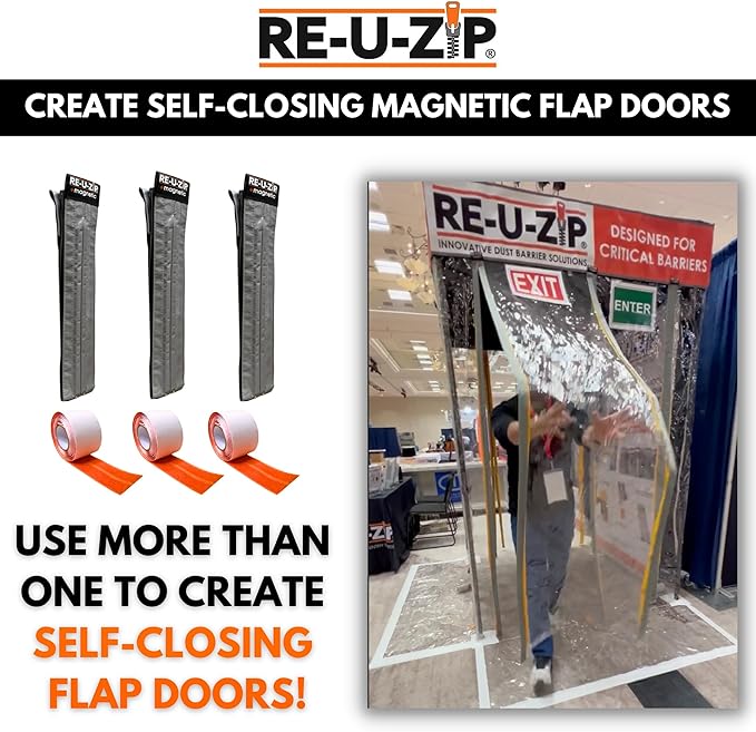RE-U-ZIP® Self-Closing Magnetic Entry Strip | Hands-Free Dust Barrier Zipper Alternative for Plastic Sheeting | Reusable, Custom Placement & Works Under Negative Air | PRO Bundle