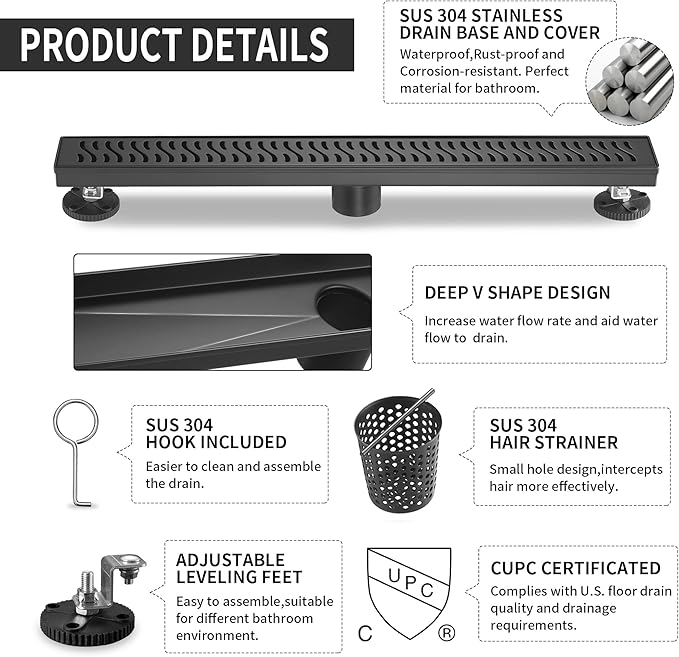 Linear Shower Drain 28 inch, Floor Drain with Removable Pattern Grate, 304 Stainless Steel Rectangular Linear Drain with Hair Strainer, CUPC Certified, Matte Black, SD-103