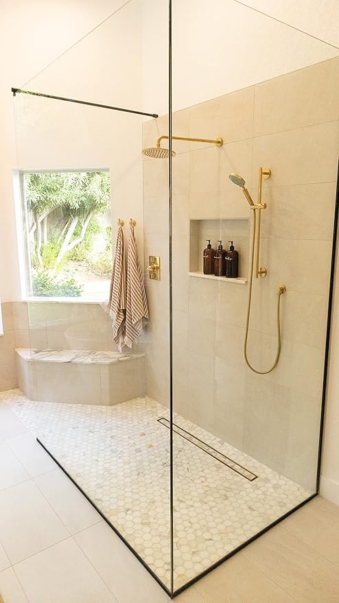 All-in-one Waterproof Linear Shower Drain Kit with 44 Inch Off-set Outlet Channel Body (KL1VO60E110) and Drain Grate Assembly (Cover) in Square Design with Matte Black Finish (KL1B19MGS110)