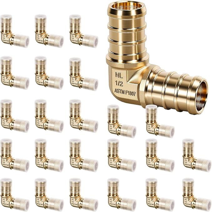 PEX Fittings 1/2 Inch, 24PCS Elbow Lead-Free Brass Connectors for PEX B Pipe, NSF UPC Certified, ASTM F1807, Compatible with Crimp/Clamp Rings (Hot/Cold Water, Hydronic Heating)