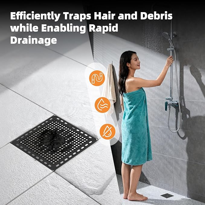 Hibbent Upgraded Shower Drain Hair Catcher, Shower Drain Cover for Bathroom Floor 6" Drain, Anti-Clogging Bathtub Drain Strainer, Stainless Steel Kitchen Sink Drain Strainer with Handle, Matte Black