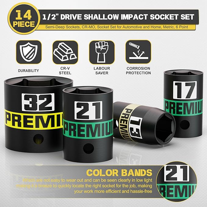 14-Piece 1/2" Drive Shallow Impact Socket Set, 11-32mm, Semi-Deep Sockets, CR-V, Socket Set for Automotive and Home, Metric, 6 Point