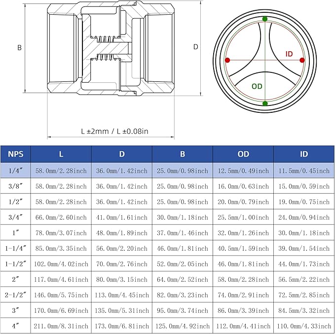 1/4" NPT Stainless Steel Spring Check Valve, WOG1000 NPT Thread unleaded In-Line Vertical Check Valve Non Return One Way Counterflow to Prevent the Medium Backflow for Oil Water Gas Air DN8