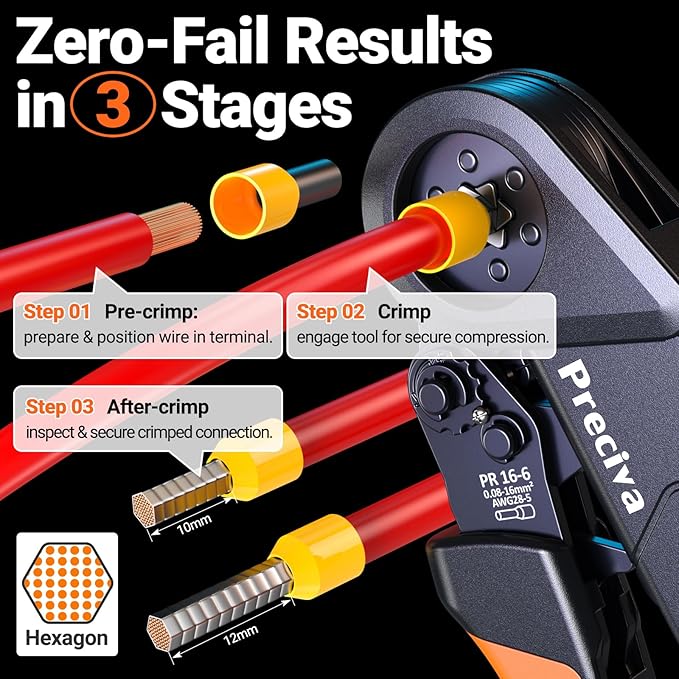 Preciva Ferrule Crimping Tool Kit - AWG 28-5 (0.08-16mm²) Hexagonal Ferrule Crimper with 1500Pcs Ferrules Connectors and 150Pcs Cable Ties, Self-Adjustable Ratchet Ferrule Terminals Crimping Tool