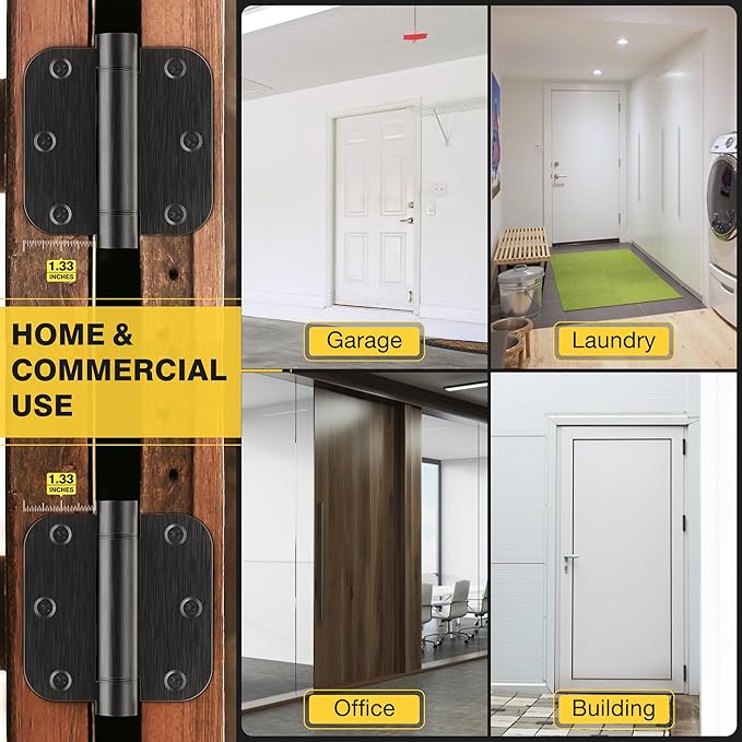 KOLET Self Closing Door Hinges, 3.5 x 3.5 Inches Door Hinges with Auto Close, 5/8" Radius Corners Spring Hinges, Commercial Grade Stainless Steel, No-Pin Installation, Matte Black, 3 Pack