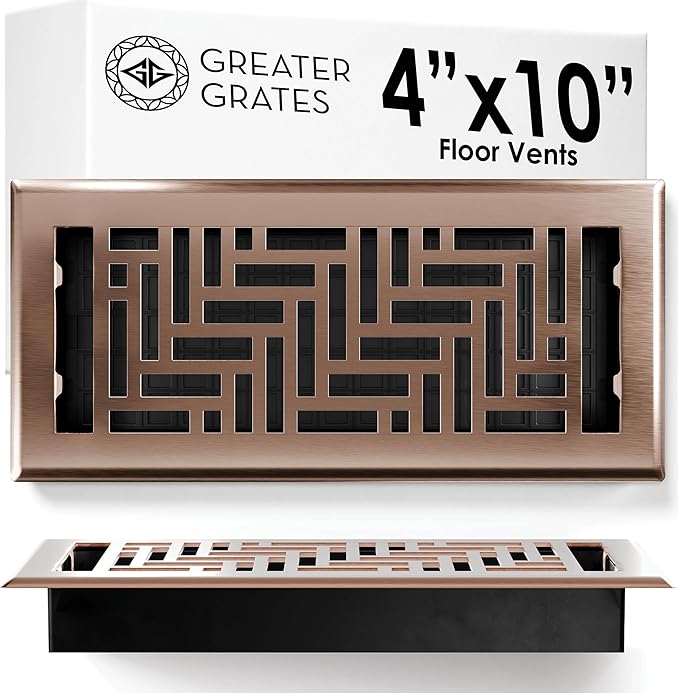 Floor Register 4x10 Vent Cover – Heavy-Duty Steel, Rustproof & Walkable Grates, Easy Drop-in Install, Adjustable Air Supply Switch - Decorative Herringbone Design, Satin Bronze