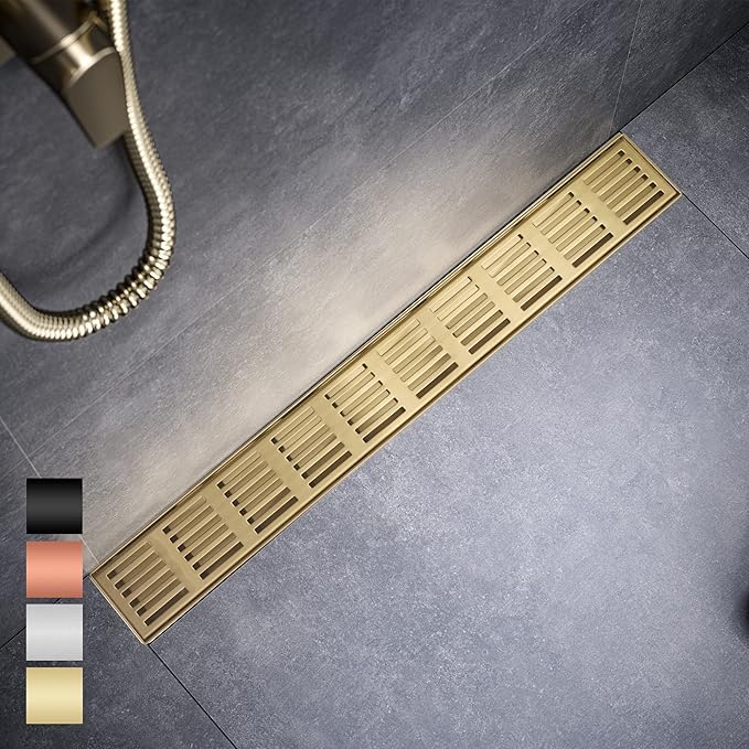 Linear Shower Drain 24 Inch, Professional Brushed SUS-304 Stainless Steel Shower Drain, 51L/Min Fast Drainage Floor Linear Drain, US Standard CUPC Certified, Zirconium Gold, SD-109