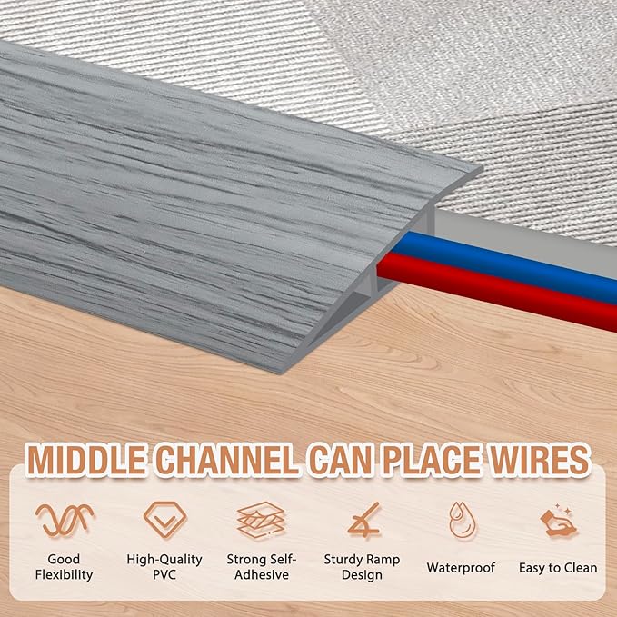 Floor Transition Strip Self Adhesive Vinyl Door Threshold for Doorways Carpet Edging Trim Overlap Edge Reducer for Laminate Floor, Carpet, Tile (Light Gray Wood Grain, 1/5" to 2/5", 10Ft)