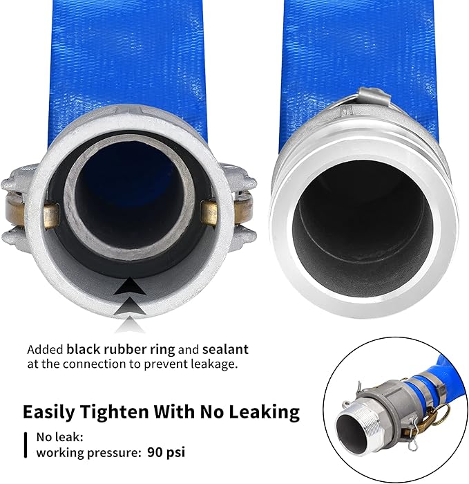 2" x 50ft PVC Lay Flat Discharge Hose With Aluminum Camlock C & E Fittings, Cam Lock Fitting Type F included, Heavy Duty Reinforced Pump Backwash Hose Assembly